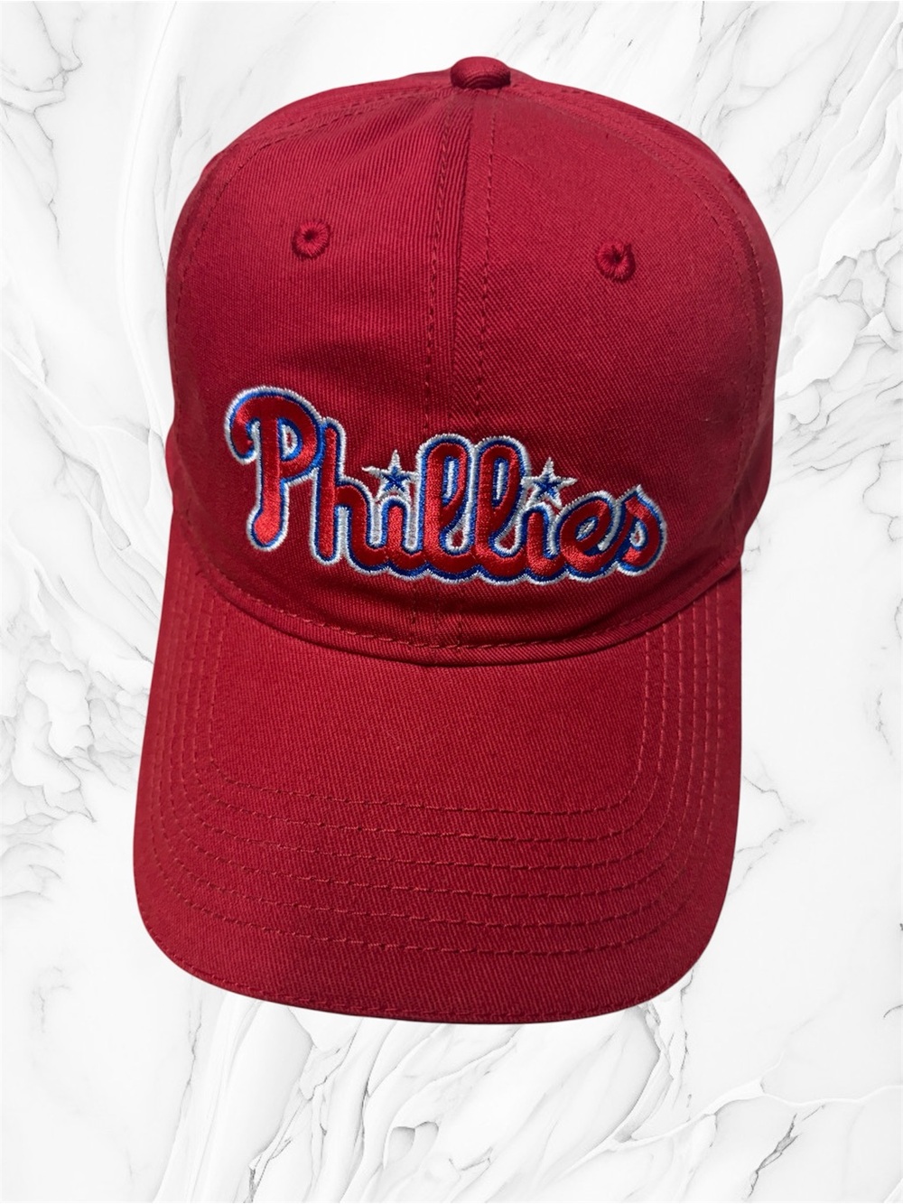 Genuine Merchandise Red Phillies Hat with Blue-Trim Script unisex adjustable